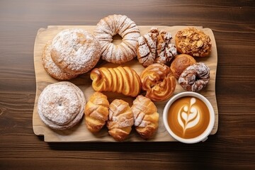 Obraz na płótnie Canvas An inviting flat lay featuring an assortment of delicious pastries, displayed beautifully on a cozy café table, offering a perfect blend of culinary delight and aesthetic charm.