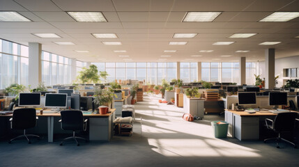 An open-plan office with several cubicles and a grey carpet  - obrazy, fototapety, plakaty
