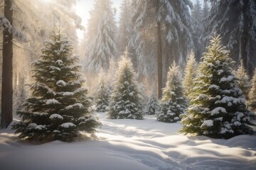 Fototapeta premium Snow-Covered Christmas Forest - High-Resolution Winter Wonderland