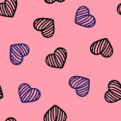 Hand Drawn Seamless Patterns with Hearts in Doodle Style. Romantic Love Digital Paper for Valentines Day. Black and Blue Hearts on Pale Pink Background.