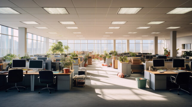 An open-plan office with several cubicles and a grey carpet 