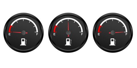 Set of Fuel gauge. low middle and a full tank. Round black car dashboard 3d. Fuel Indicator and Sensor. Vector illustration isolated on white background.