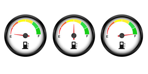 Set of Fuel gauge. low middle and a full tank. Round white car dashboard 3d. Fuel Indicator and Sensor. Vector illustration isolated on white background.