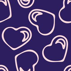 Hand Drawn Seamless Patterns with Hearts in Doodle Style. Romantic Love Digital Paper for Valentines Day. Pale Pink Hearts on Dark Blue Background.