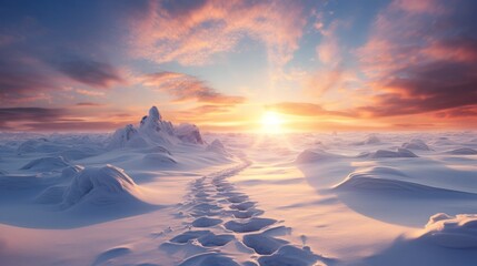winter landscape with footpath in the snow in the mountains at sunrise