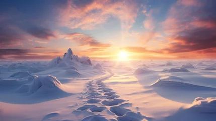 Crédence de cuisine en verre imprimé Route en forêt winter landscape with footpath in the snow in the mountains at sunrise