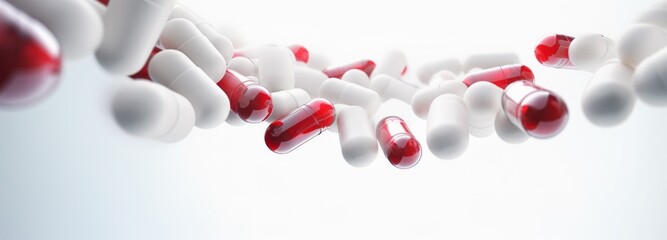 red and white antibiotic capsule pills on white background. pharmacy product, healthcare and medicine, pharmaceutical industry - obrazy, fototapety, plakaty