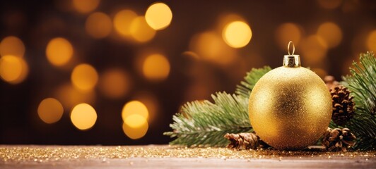 christmas background, beautiful gold glitter ball and pine cone