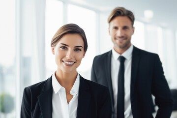 confident smiling businesswoman standing at office in front of businessman colleague