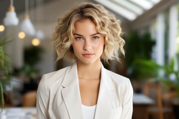 portrait of a blond business woman in a modern office with flowers