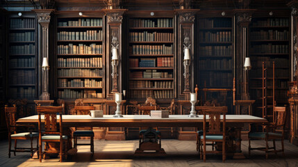 An old-fashioned library with a few tables and chairs and bookshelves lining the walls