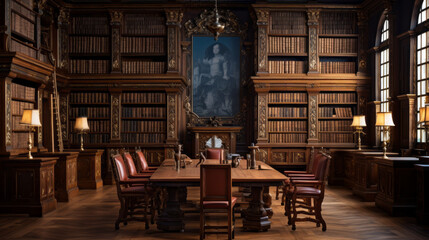 An old-fashioned library with a few tables and chairs and bookshelves lining the walls - obrazy, fototapety, plakaty