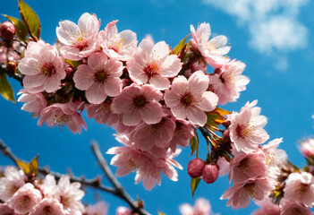 Pink cherry blossom flower sakura on sky background. Generative AI