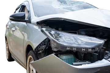 PNG format of Front and side of bronze or gray car get damaged by accident on the road. damaged cars after collision. isolated on transparent background, car crash bumper on the road for graphic
