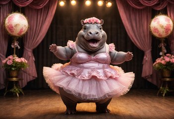 Hippopotamus dancing in tutu skirt. Generative AI