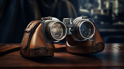 An old-fashioned pair of binoculars with a leather strap resting on a wooden desk 