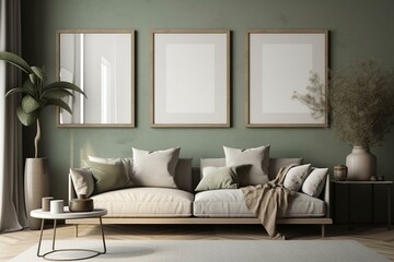 Fototapeta na wymiar Empty frame on wall in living room interior. Generative AI