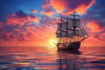 Fototapeta premium Stunning sunset and sailboat over sea with colorful clouds. Serene and beautiful. 3D render. Generative AI
