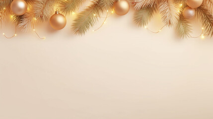 Soft Christmas lights from a garland with Christmas tree branches on a beige background - obrazy, fototapety, plakaty
