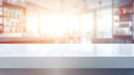An empty white table on a blurry pharmacy background
