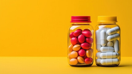 Multicolored tablets and capsules from a glass bottle on a yellow background