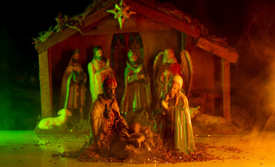 Traditional Christmas scene birth of Jesus. Birth of Jesus in Bethlehem. Biblical scene.
