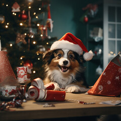 cute dog unwrapping a gift in a Christmas atmosphere - 658987214
