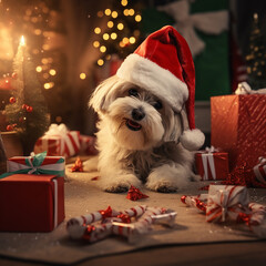cute dog unwrapping a gift in a Christmas atmosphere - 658987239