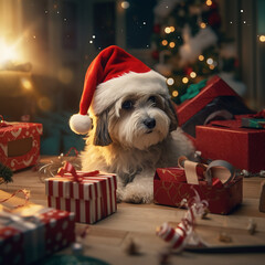 cute dog unwrapping a gift in a Christmas atmosphere - 658987270