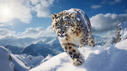 Fotobehang Luipaard A snow leopard on top of a mountain.