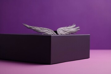Box with wings on a purple background. Space for mockup. Generative AI