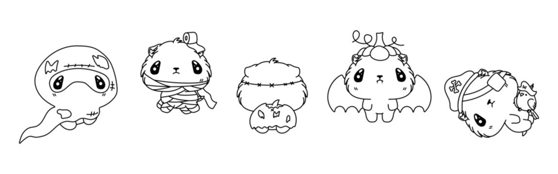 Set of Vector Halloween Guinea Pig Coloring Page. Collection of Kawaii Halloween Rodent Outline