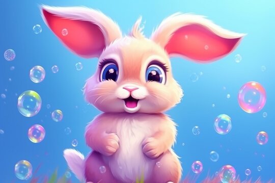 Adorable bunny blows soap bubbles with cartoon style. Perfect for cards, posters, postcards, prints. Generative AI