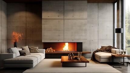 Minimalist style interior design of modern living room with fireplace and concrete walls