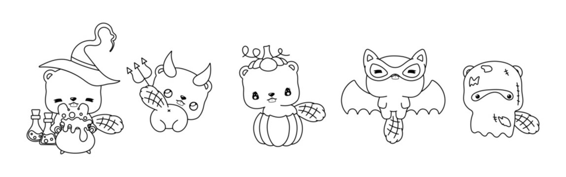 Set of Kawaii Halloween Beaver Coloring Page. Collection of Cute Vector Halloween Animal Outline.