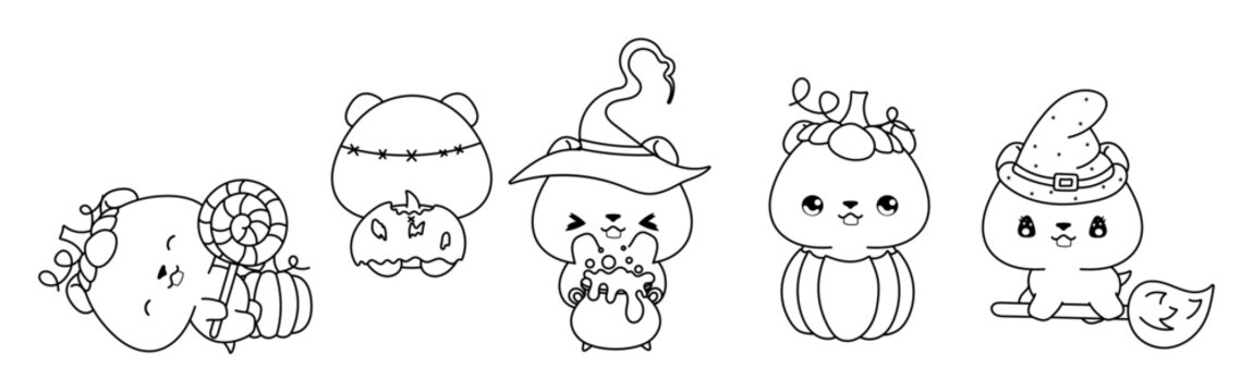 Set of Vector Halloween Hamster Coloring Page. Collection of Kawaii Halloween Rodent Outline.