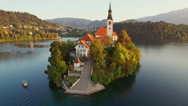 Aerial view of the famous Lake Bled in Slovenia at sunrise.