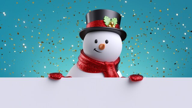 3d render, happy snowman holds blank banner, gold glitter confetti over the blue background. Christmas greeting card template with copy space. Seasonal holiday wallpaper
