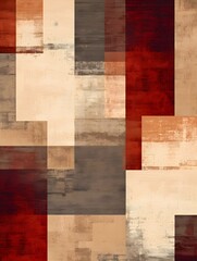 Red white biege brown rustic rug design, geometric squares, abstract art work portrait wall art