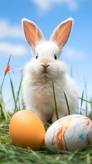 Happy Easter bunny Rabbit with easter eggs on grass, background mockup wallpaper, invitation, banner poster