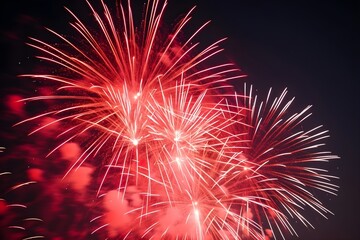 Fototapeta premium Red fireworks in the city night sky