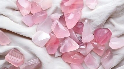 Obraz na płótnie Canvas Rose Quartz Crystals Raw Stones on satin cloth, product photography, Manifestation, spiritual, background mockup