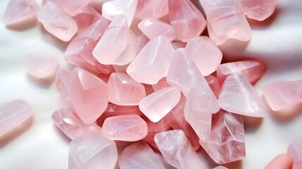 Obraz premium Rose Quartz Crystals Raw Stones on satin cloth, product photography, Manifestation, spiritual, background mockup