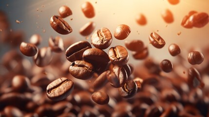 Obraz premium Flying coffee beans close-up, Generative AI