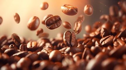 Flying coffee beans close-up, Generative AI