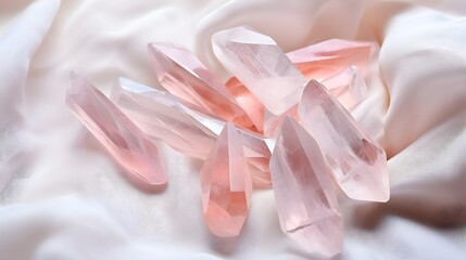 Rose Quartz Crystals Raw Stones on satin cloth, product photography, Manifestation, spiritual, background mockup
