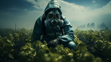 Person in a hazmat suit and gas mask standing in a filed. Concept of toxic pesticide usage. Generative AI	 - obrazy, fototapety, plakaty