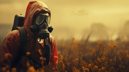 Person in a hazmat suit and gas mask standing in a filed. Concept of toxic pesticide usage. Generative AI	 - obrazy, fototapety, plakaty