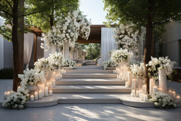 Fototapeta na wymiar Wedding decoration of the villa's outdoor terrace with candles and white flowers