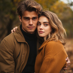 A white couple posing for the camera on an autumn day